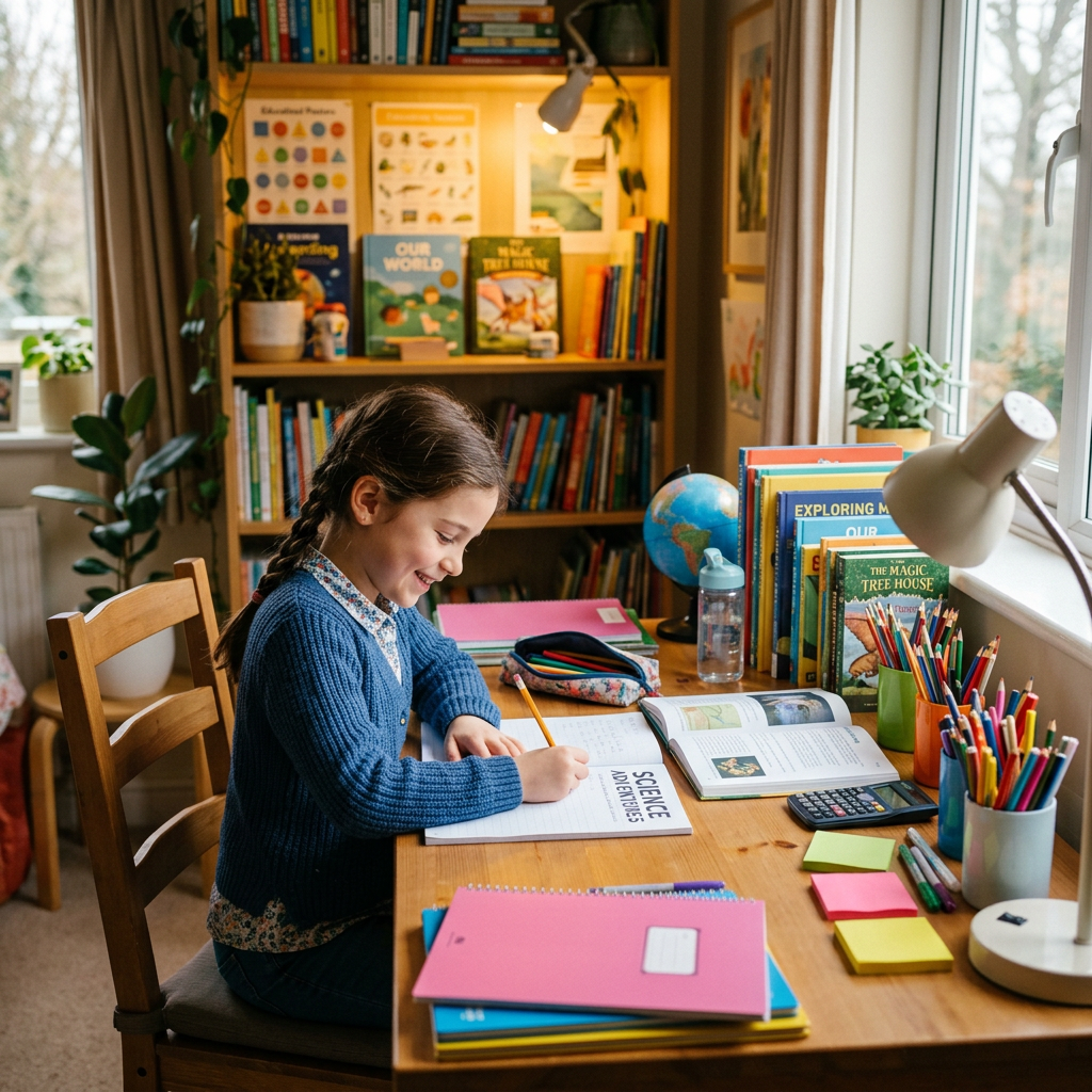 Child studying at a cozy home desk with books and school supplies