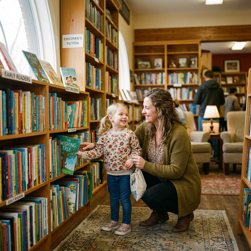 Mother helping child find the right book in a cozy library